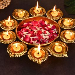 DecorTwist Gold Toned Floral Diya Urli Decorative Bowls-image-19