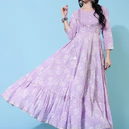 KIMAYRA Floral Printed Mirror Work Cotton Fit & Flare Ethnic Dress-picture-11