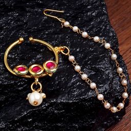 KARATCART Gold-Toned & White Kundan Studded & Pearls Beaded Nose Pin With Chain-image-30