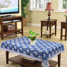 Kuber Industries Blue & White Flower Print 4 Seater Center Table Cover-85