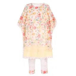 Wish Karo Girls Floral Printed Pure Silk Kaftan Kurta & Leggings-image-91