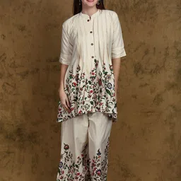 Exotic India Whisper White Cotton Floral Printed Mandarin Collar Tunic Top and Palazzo Set-picture-19