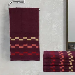BIANCA Burgundy Set Of 6 Mercerized Combed Cotton Bumpy-Striped Towels-11