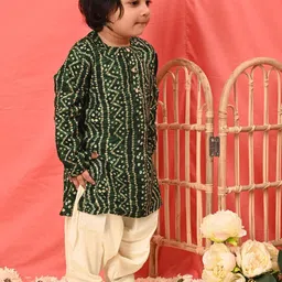 VASTRAMAY Boys Bandhani Printed Band Collar Straight Kurta With Patiala-image-56