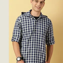 Thomas Scott Classic Tartan Checks Roll-Up Sleeves Twill Cotton Hooded Casual Shirt-image-23