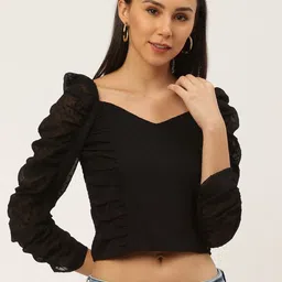 Antheaa Women Black Self Design Crop Victorian Top with Smocking & Ruffle Detail-image-23