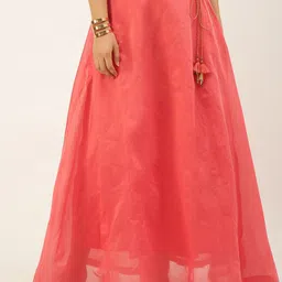 De Moza Women Coral Colored Solid Flared Full Length Maxi Skirt-image-18