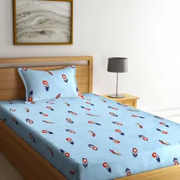 Arrabi Blue & Red Floral 300 TC Single Bedsheet with 1 Pillow Covers-picture-5