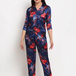 Claura Women Blue & Red Printed Satin Night suit-image-74