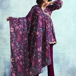 trueBrowns Women Purple Floral Printed Velvet Shawl-image-50