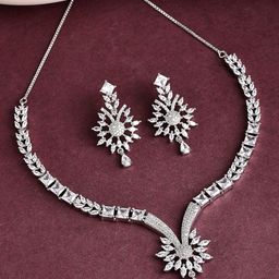 ZENEME Rhodium-Plated Crystal American Diamond Floral & Tear Drop Jewellery Set-20