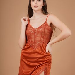 Shararat Lace Detailed Coral Satin Baby Doll-image-59