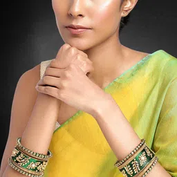 Peora Set of 10 Gold-Plated & Green Silk Thread Handcrafted Kundan Bangles-image-68