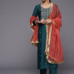 KALINI Ethnic Motifs Embroidered Thread Work Kurta & Trousers With Dupatta-image-121