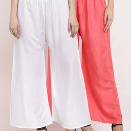 Miaz Lifestyle Women Peach-Coloured & White Pack Of 2Flared Knitted Palazzos-image-3