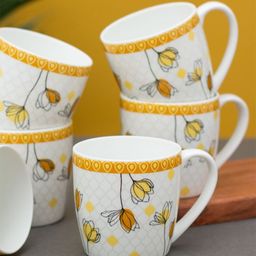 CLAY CRAFT White & Yellow Printed 6 Pieces Printed Ceramic Glossy Cups - 180 ML Each-15