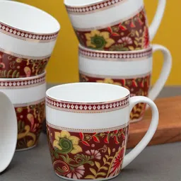 CLAY CRAFT White & Maroon 6 Pieces Printed Ceramic Glossy Cups - 180 ML Each-19