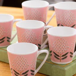 CLAY CRAFT Pink & White 6 Pieces Printed Ceramic Glossy Cups - 180 ML Each-13