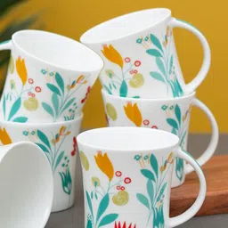 CLAY CRAFT 6 Pcs White & Blue Printed Ceramic Glossy Cups - 180 ML Each-image-28