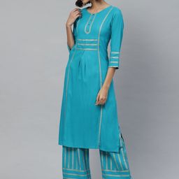 YASH GALLERY Women Turquoise Blue & Golden Striped Kurta with Palazzos-image-99