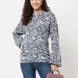 Crimsoune Club Women Grey & White Floral Print Mandarin Collar Bishop Sleeves Top-picture-55