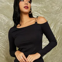 Styli Woman Ribbed Fitted Knit Chain Shoulder Straps Cold-Shoulder Sleeves Top-43