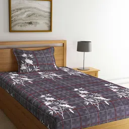 Arrabi Grey & White Floral 300 TC Single Bedsheet with 1 Pillow Covers-image-16
