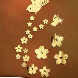Wall1ders Gold Toned 21 Pieces Butterfly & Flower Shaped Mirror Wall Stickers-image-62