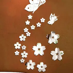 Wall1ders 21 Pieces Silver Toned Butterfly & Flower Mirror Wall Stickers-image-28