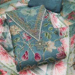 HERE&NOW Floral Embroidered Beads And Stones Organza Unstitched Dress Material-image-6