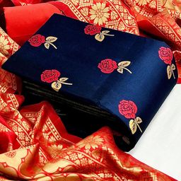 MORLY Navy Blue & Red Dupion Silk Unstitched Dress Material-picture-21