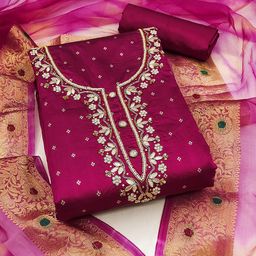 MANVAA Floral Embellished Beads & Stones Organza Jari Weaving Unstitched Dress Material-image-31