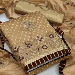 KALINI Beige & Brown Embroidered Pure Cotton Unstitched Dress Material-image-10