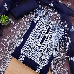 Panzora Floral Embroidered Organza Unstitched Dress Material-image-4