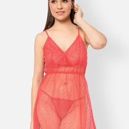 Clovia Chic Basic Semi-Sheer Lace Detail Net Babydoll with G-String-image-26