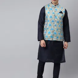 Tulsattva Men Navy Blue Kurta with Churidar & Nehru Jacket-image-50