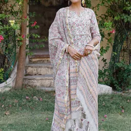 PHEETA Women Grey Floral Printed Pure Cotton Kurta with Palazzos & With Dupatta-picture-32