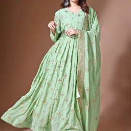 KALINI Ethnic Motifs Embroidered Georgette Fit and Flare Ethnic Dress and Dupatta-image-43