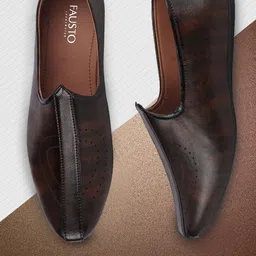 FAUSTO Men Coffee Brown Solid Mojaris with Perforated Detail-11