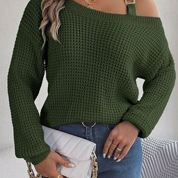 StyleCast Green Cable Knit Acrylic Pullover with Belted Detail-image-98