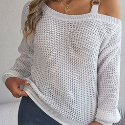 StyleCast White Open Knit Boat Neck Acrylic Pullover with Belted Detail-21