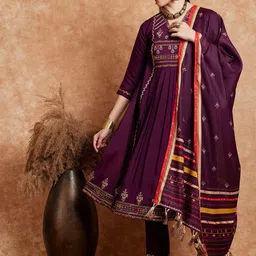 Sangria Ethnic Motifs Embroidered V-Neck Straight Kurta With Trouser & Dupatta-50