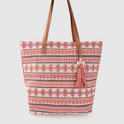 Anouk Off-White & Red Geometric Patterned Shopper Tote Bag with Tasselled Detail-48