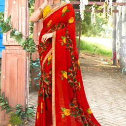 Anouk Red Floral Printed Saree-24