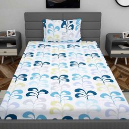 YaAkholic Cream-Coloured & Blue Floral 220 TC Single Bedsheet with 1 Pillow Covers-image-82