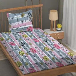 YaAkholic Grey & Pink Floral 220 TC Single Bedsheet with 1 Pillow Covers-image-77