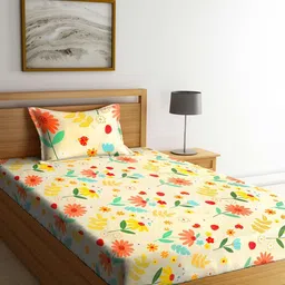 KLOTTHE Cream-Coloured & Yellow Floral 210 TC Single Bedsheet with 1 Pillow Covers-picture-20