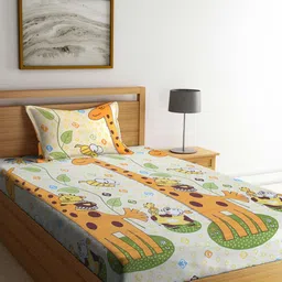 Arrabi Yellow & Green Printed 300 TC Cotton Single Bedsheet with 1 Pillow Cover-image-61