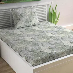 Divine Casa White & Green Floral 120 TC 1 Single Bedsheet with 1 Pillow Covers-image-88