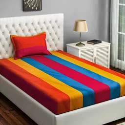SWAYAM Multicoloured Striped 180 TC Cotton 1 Single Bedsheet with 1 Pillow Covers-8